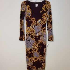 K. Jen Elegant Burgundy/Yellow Gold Baroque Print Bodycon Dress Size S